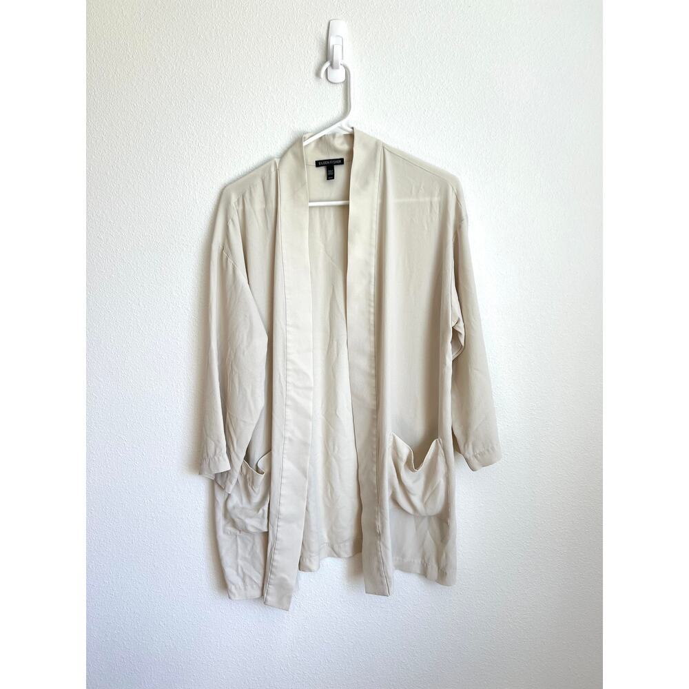 Eileen Fisher Cream Open Front 100% Silk Cardigan Women's Medium